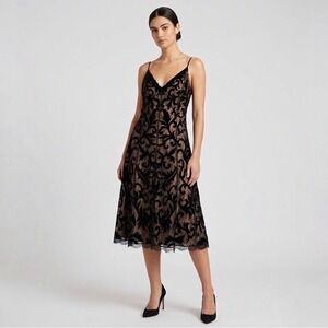 Carmen Marc Valvo | Black Velvet Lace Midi Dress Size 14